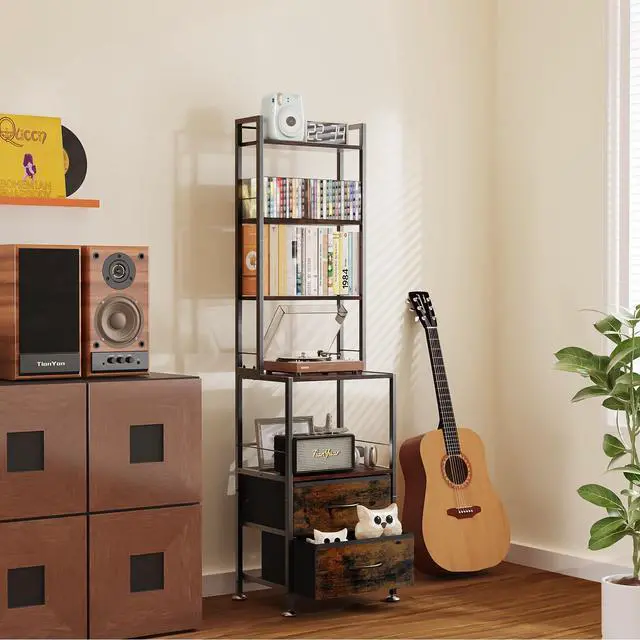 Alt view image 3 of 6 - CD Storage Rack with Two Drawers, 7-Tier DVD Shelf and Rack | CD Holder Tower for DVDs, Books, Media Games, Movie Collection and Decor, Ideal for Living Room, Home