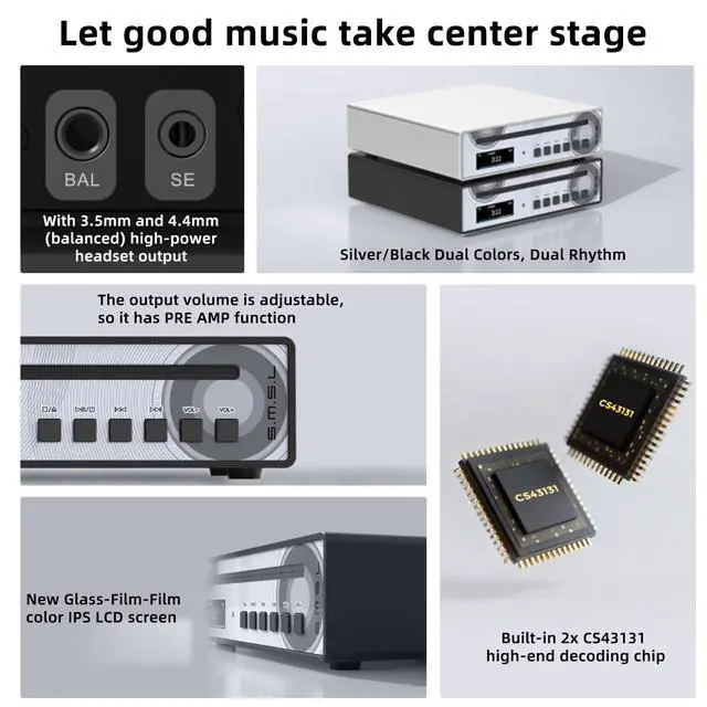 Alt view image 2 of 6 - SMSL PL100PRO CD Player, Dual CS43131 DAC Chip Lossless MQA Playback CD-R/CD-RW/MP3 Disc, XLR/RCA/Optical/Coaxial/3.5mm/4.4mm Headphone Output, Compact HiFi CD Player for Home Audio