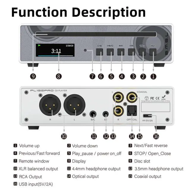 Alt view image 4 of 6 - SMSL PL100PRO CD Player, Dual CS43131 DAC Chip Lossless MQA Playback CD-R/CD-RW/MP3 Disc, XLR/RCA/Optical/Coaxial/3.5mm/4.4mm Headphone Output, Compact HiFi CD Player for Home Audio