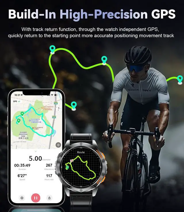 Alt view image 2 of 6 - GPS Smart Watch for Men, 1.43'' AMOLED Always on Display, LED Flashlight/Compass/45 Days Battery/IP68 Waterproof Smartwatch, 100+ Sport Mode, Rugged Smart Watches for Android iOS, Black Orange