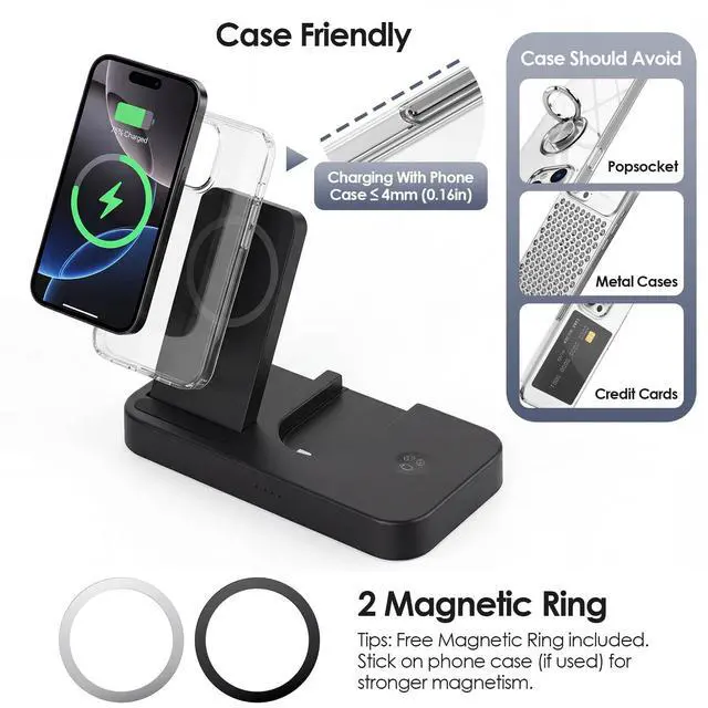 Alt view image 6 of 6 - 4 in 1 Charging Station for Oura Ring Gen 3 Charger (Oura Ring Charger NOT Included), 15W Fast Magnetic Charger for iPhone, Apple Watch, AirPods, Wireless Charger for Samsung Galaxy