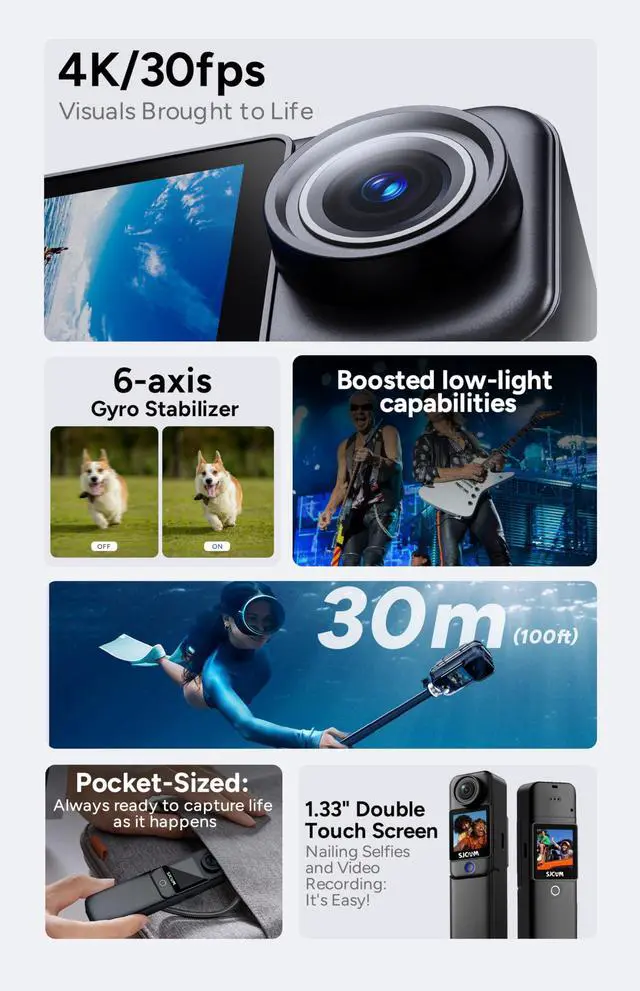 Alt view image 3 of 6 - C300 Pocket Vlog Camera,4K Small Action Cam with Dual Touch Screens, 6-Axis Anti-Shake, 154° Wide-Angle Lens, Magnetic Wearable Body Cam, Waterproof for Underwater & Sports, Included Accessory