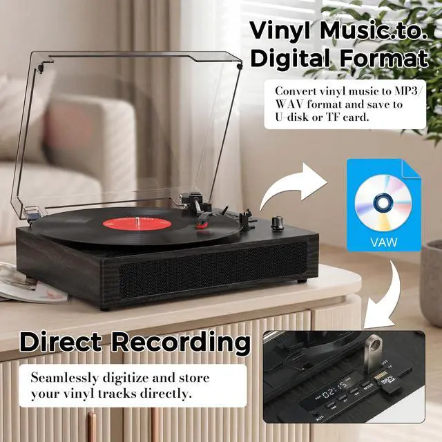 Alt view image 3 of 6 - Vinyl Record Player with Bluetooth, 3-Speed Belt-Drive Turntable with Built-in Speakers, Easy Setup for Beginners, USB Recording, RCA/AUX/Headphone Jack, Classic Black Wood Design