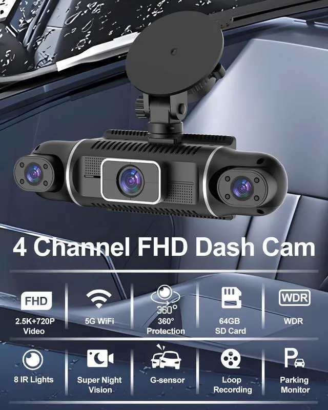 Alt view image 2 of 6 - 4 Channel Dash Cam Front and Rear Inside Left Right, 360° Dash Camera | Dashcam with 5GHz WiFi & App Control, 24H Parking Monitor, Super Night Vision, G-Sensor, Loop Recording, 64GB SD Card