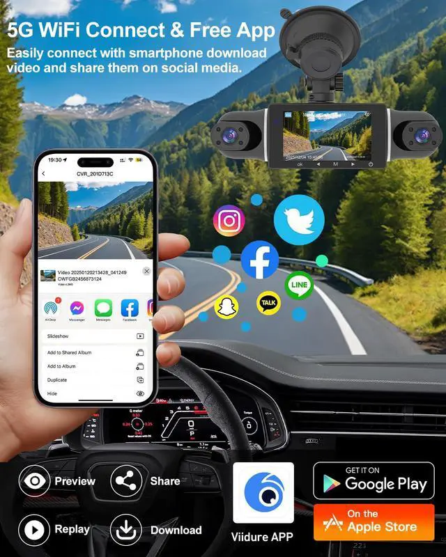 Alt view image 3 of 6 - 4 Channel Dash Cam Front and Rear Inside Left Right, 360° Dash Camera | Dashcam with 5GHz WiFi & App Control, 24H Parking Monitor, Super Night Vision, G-Sensor, Loop Recording, 64GB SD Card