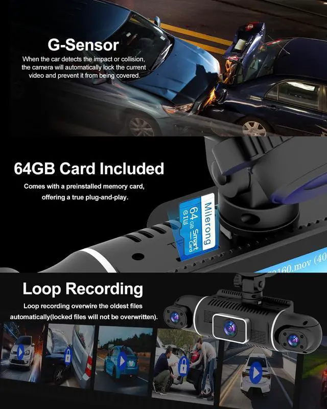 Alt view image 6 of 6 - 4 Channel Dash Cam Front and Rear Inside Left Right, 360° Dash Camera | Dashcam with 5GHz WiFi & App Control, 24H Parking Monitor, Super Night Vision, G-Sensor, Loop Recording, 64GB SD Card