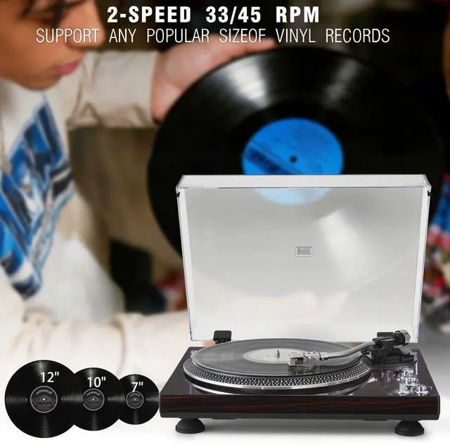 Alt view image 2 of 6 - High-Fidelity Vinyl Record Player, Bluetooth Turntable with Magnetic Cartridge, 2-Speed Belt Drive Wood Vintage Player with Auto-Return, Adjustable Counterweight, Pitch Control & Preamp