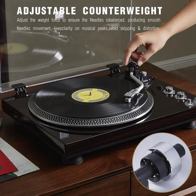 Alt view image 4 of 6 - High-Fidelity Vinyl Record Player, Bluetooth Turntable with Magnetic Cartridge, 2-Speed Belt Drive Wood Vintage Player with Auto-Return, Adjustable Counterweight, Pitch Control & Preamp