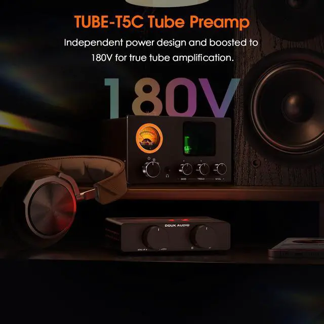 Alt view image 2 of 6 - Douk Audio Vacuum Tube Preamp: Headphone Amp with VU Meter, 4-Way RCA Selector Switch Box, Preamplifier with Tone Control for Receivers, Amplifiers, Speakers, 16-600 Headphones (TUBE-T5C)