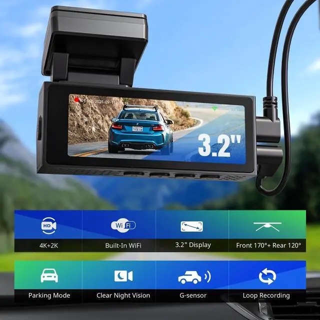 Alt view image 2 of 6 - Dash Cams Front and Rear, 4K+2K Dual Dash Camera for Cars w 64GB Card, 5G Wi-Fi & App, G-Sensor, 3.2 Screen, 24H Parking Mode, 170°Wide Angle, Night Vision