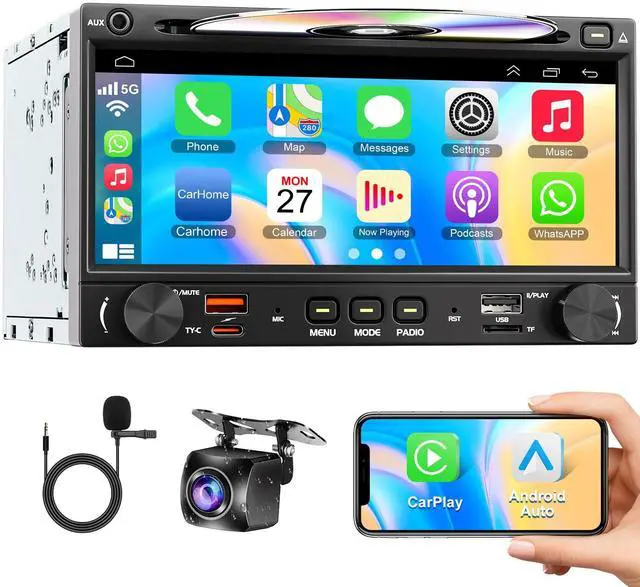 Main image of Wireless Double Din Car Stereo Radio with CD/DVD Player, Carplay & Android Auto, 7 inch Car Audio with HD Touchscreen, Bluetooth, Mirror Link, Backup Camera, SWC, FM/AM, USB/SD, A/V Input