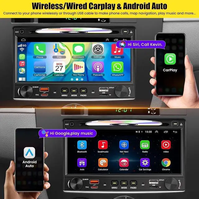 Alt view image 2 of 6 - Wireless Double Din Car Stereo Radio with CD/DVD Player, Carplay & Android Auto, 7 inch Car Audio with HD Touchscreen, Bluetooth, Mirror Link, Backup Camera, SWC, FM/AM, USB/SD, A/V Input