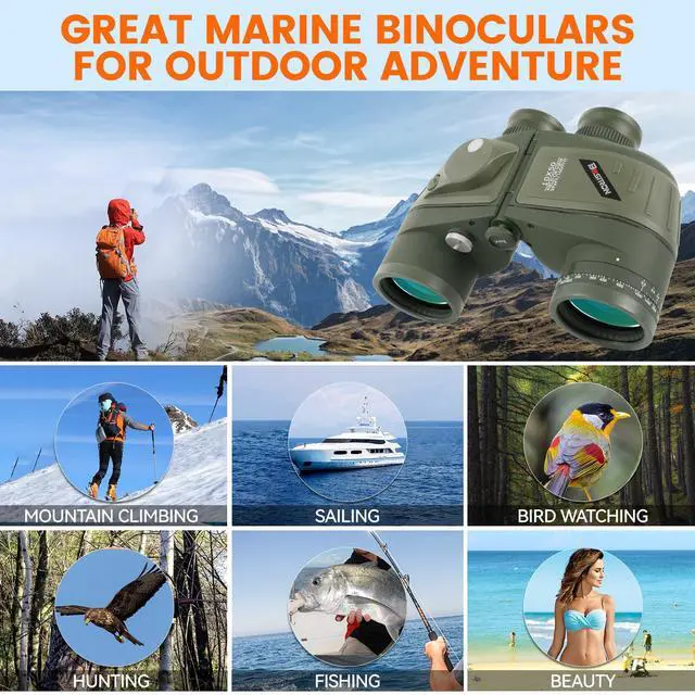 Alt view image 2 of 6 - 10x50 Marine Binoculars, IPX7 Waterproof Binoculars for Boating | Binoculars for Adults with Illuminated Rangefinder Compass BAK4 Prism FMC Lens for Sailing, Navigation, Bird Watching