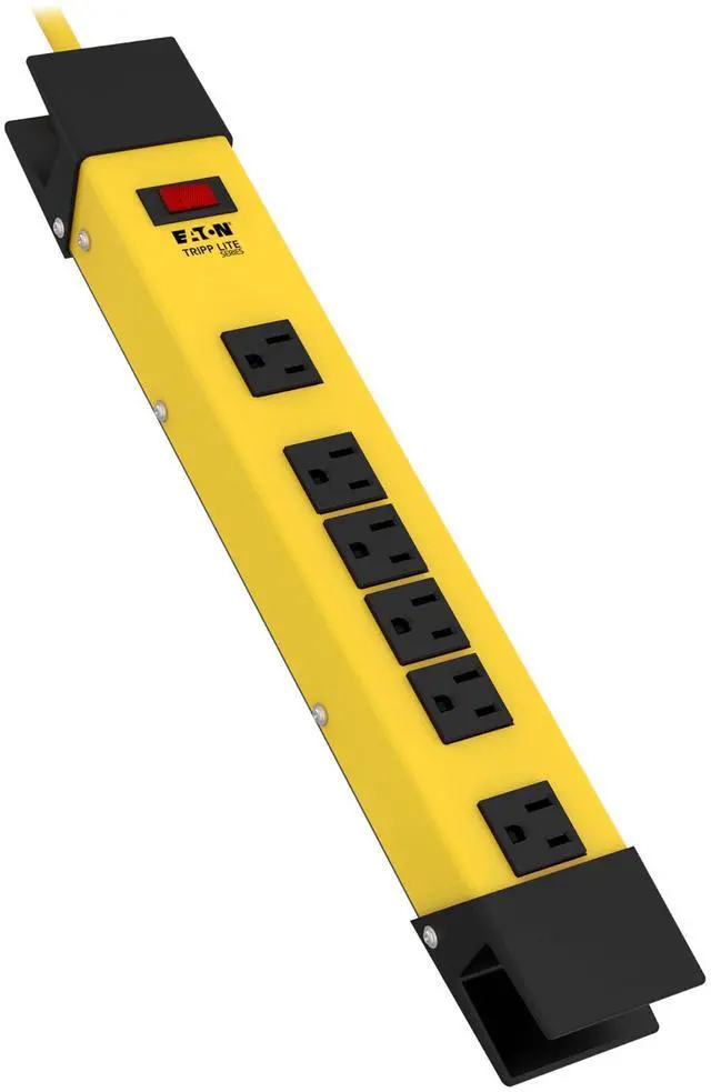 Main image of Eaton TLM609GF Heavy Duty Power Strip with GFCI Plug, Yellow Metal Housing, 6 Outlets, 9 Foot / 2.7 Meter Cord, Keyhole Mounting Slots, Industrial Garage Work Shop Bench