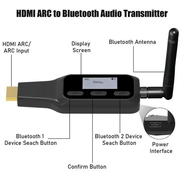 Alt view image 3 of 6 - HDMI ARC to Bluetooth Transmitter, TV Audio Adapter for Wireless Headphones & Speakers, HDMI ARC Audio Extractor Support Simultaneous Dual Device Pairing, CEC Volume Control, Display Screen