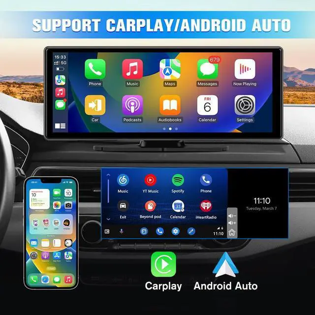 Alt view image 2 of 6 - Portable Wireless CarPlay Screen for Car with 4K Dash Cam+1080P Backup Camera, 10.26IPS Touchscreen Car Stereo, Supports CarPlay/Android Auto/Voice Control/GPS Navigation/Bluetooth/Mirror Link