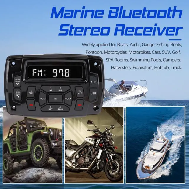 Alt view image 2 of 6 - Marine Stereo Audio Radio Bluetooth Car Stereo Receivers Waterproof Player MP3 Boat Media with AM/FM Music Radio USB Input for Golf Cart Motorcycle UTV Head Unit Sound System