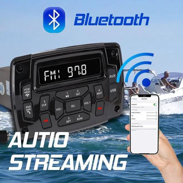 Alt view image 3 of 6 - Marine Stereo Audio Radio Bluetooth Car Stereo Receivers Waterproof Player MP3 Boat Media with AM/FM Music Radio USB Input for Golf Cart Motorcycle UTV Head Unit Sound System