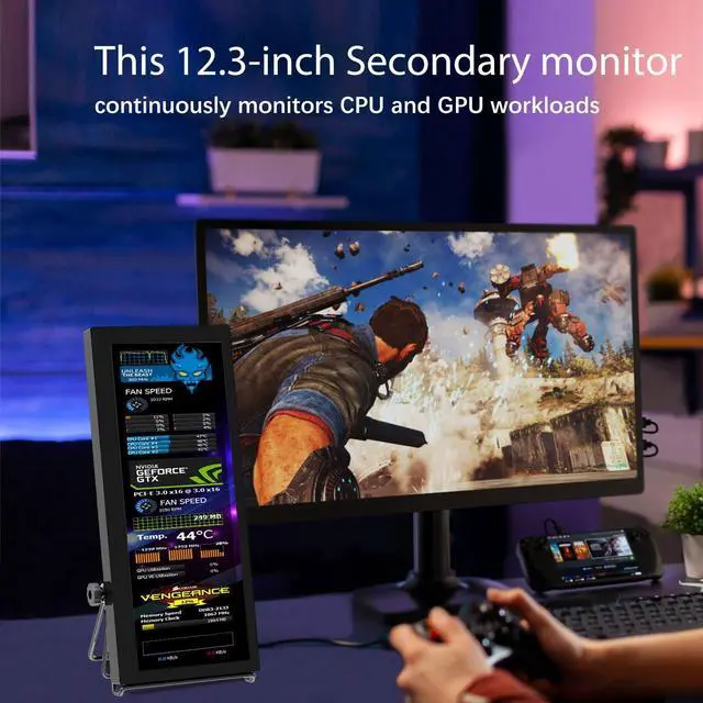 Alt view image 5 of 6 - 12.3 Inch IPS Stretched Bar LCD Travel Display 1920 * 720 Secondary Monitor | HDMI USBC, Mini Portable Monitor Metal Material for Laptop Computer Windows Aida64 GPU CPU RAM Monitoring,Built-in Speaker