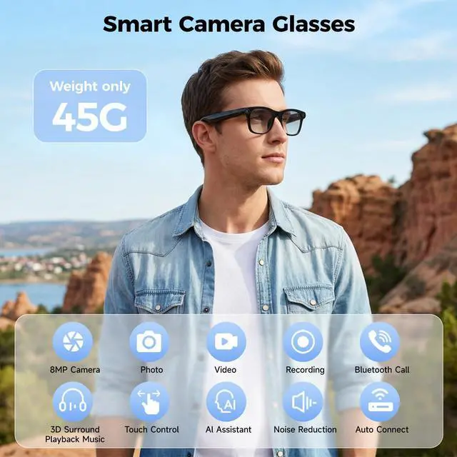 Alt view image 2 of 6 - AI Smart Glasses with Camera,AI Voice Assistant,8MP/1080P HD Video & Audio Recording Camera, Real-Time Voice Translation, Bluetooth Connectivity, Photochromic Sunglass Lenses for Men & Women