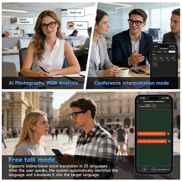 Alt view image 6 of 6 - AI Smart Glasses with Camera,AI Voice Assistant,8MP/1080P HD Video & Audio Recording Camera, Real-Time Voice Translation, Bluetooth Connectivity, Photochromic Sunglass Lenses for Men & Women