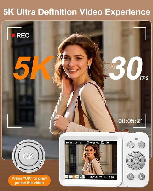Alt view image 2 of 6 - Digital Camera, 5K 80MP Dual Screen, Auto Focus for Beginners Teens | Point and Shoot Camera with 18X Zoom, 32GB Card & 2 Batteries, Great Travel Vlogging Camera for YouTube, White
