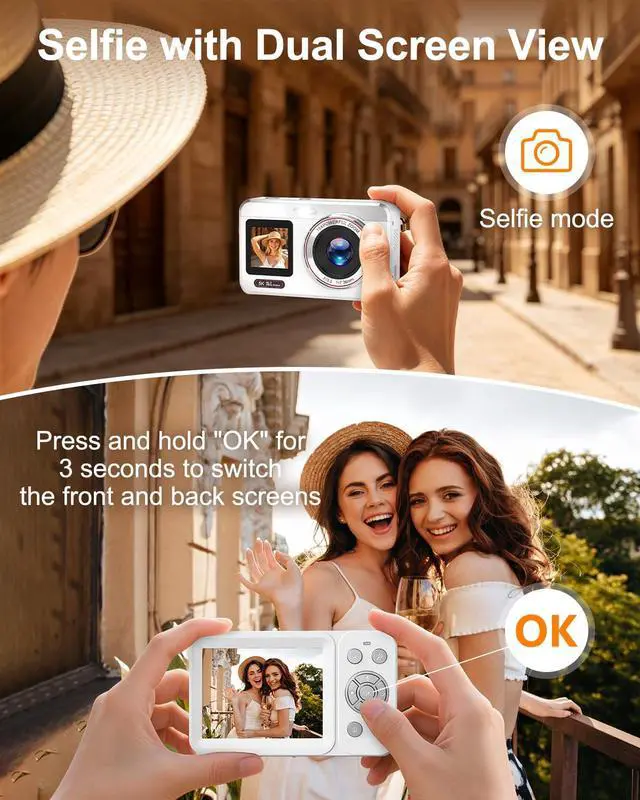 Alt view image 4 of 6 - Digital Camera, 5K 80MP Dual Screen, Auto Focus for Beginners Teens | Point and Shoot Camera with 18X Zoom, 32GB Card & 2 Batteries, Great Travel Vlogging Camera for YouTube, White