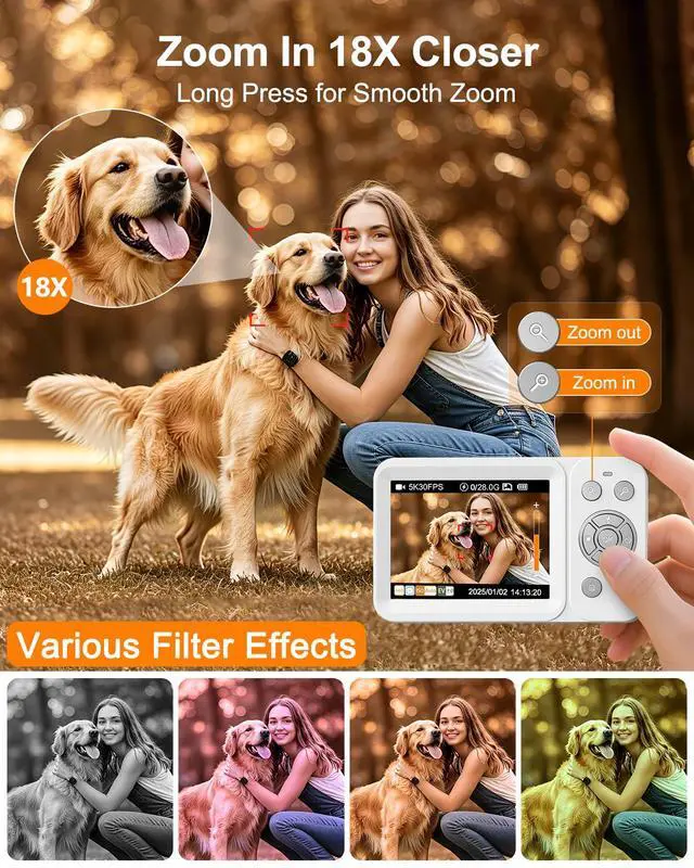 Alt view image 5 of 6 - Digital Camera, 5K 80MP Dual Screen, Auto Focus for Beginners Teens | Point and Shoot Camera with 18X Zoom, 32GB Card & 2 Batteries, Great Travel Vlogging Camera for YouTube, White