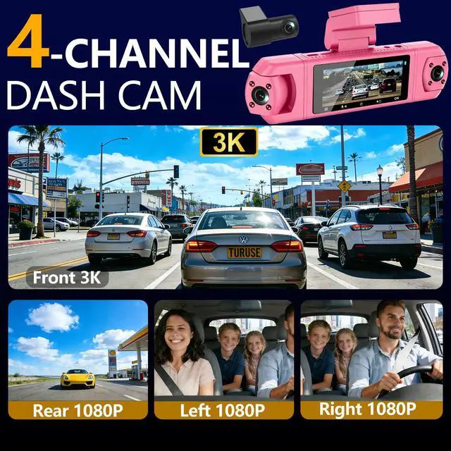 Alt view image 2 of 6 - 4 Channel Dash Cam,360 Degree, Front and Rear Inside Dash Cam for Cars, APP Control, Built-in WiFi,8 IR Night Vision, Parking Mode, Loop Recording, Fre 64G SD Card, Voice Control,3K+1080P x3