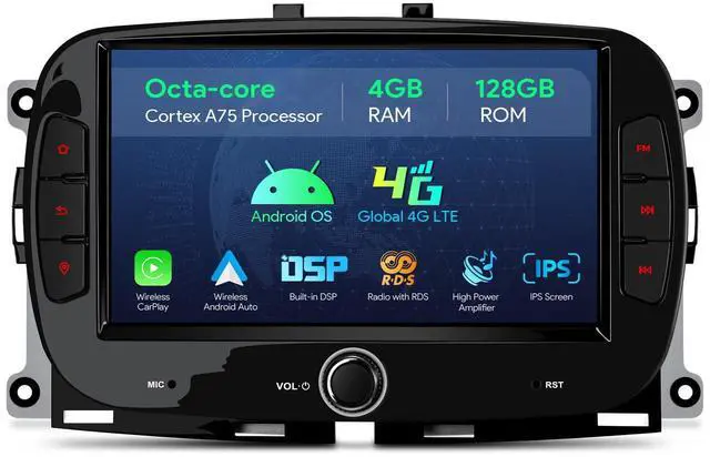 Main image of 7" Android 14 IPS Touch Screen Car Stereo for Fiat 500 2016-2019 | Octa Core 4GB 128GB, Wireless CarPlay, 4G LTE, Dual WiFi, DSP 4x48W, GPS, AHD Camera