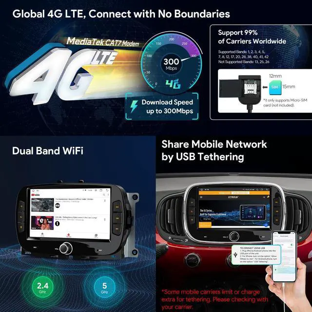 Alt view image 4 of 6 - 7" Android 14 IPS Touch Screen Car Stereo for Fiat 500 2016-2019 | Octa Core 4GB 128GB, Wireless CarPlay, 4G LTE, Dual WiFi, DSP 4x48W, GPS, AHD Camera