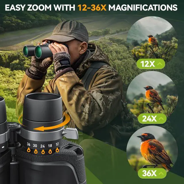 Alt view image 2 of 6 - 12-36X50 High Powered Zoom Binoculars for Adults - HD Professional Binoculars with Large Vision - Waterproof Binocular with Low Light for Bird Watching Travel Hunting Sports Cruise Outdoor