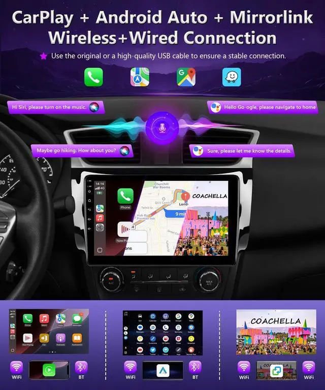 Alt view image 3 of 6 - 4G+64G Car Radio for Nissan Sentra 2013 to 2019 Stereo with Wireless Apple Carplay Android Auto 10.1" IPS Touch Screen for Sentra Head Unit GPS 5G WiFi Mirrorlink FM RDS DSP Split-Screen SWC MIC