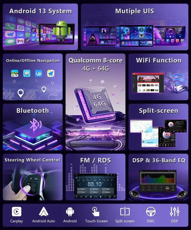 Alt view image 4 of 6 - 4G+64G Car Radio for Nissan Sentra 2013 to 2019 Stereo with Wireless Apple Carplay Android Auto 10.1" IPS Touch Screen for Sentra Head Unit GPS 5G WiFi Mirrorlink FM RDS DSP Split-Screen SWC MIC