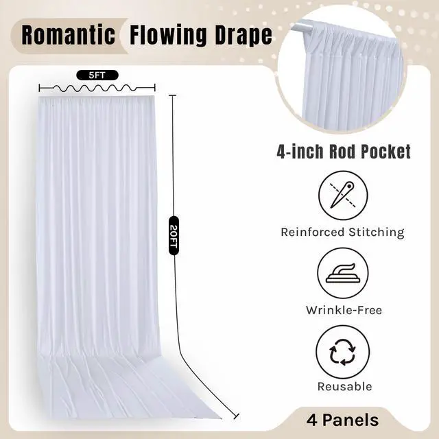 Alt view image 5 of 6 - 20x20ft White Ceiling Drapes for Wedding, 4 Panels 5×20ft Wrinkle-Free Silky Draping Fabric Ceiling Curtains for Tent Canopy Church Event Reception Stage Backdrop