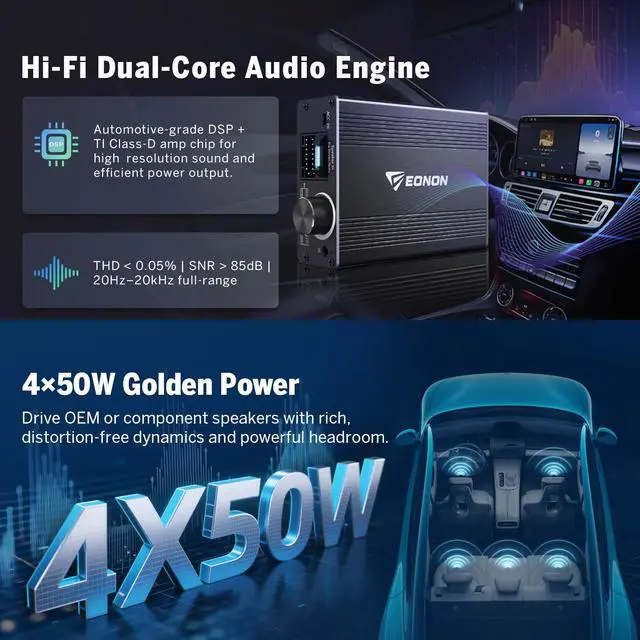 Alt view image 4 of 6 - A304 16-Pin Car DSP Amplifier 4x50W Digital Sound Processor | Built-in equalizer with bass treble adjustment,Bass/Treble/EQ Adjust, Plug and Play Remote Control & Voice Prompt