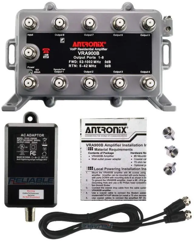 Main image of 9 Port Bi-Directional Cable TV Splitter Signal Booster/Amplifier Kit with Active Return Zero Signal Loss includes F59 Terminators and Superflex 3' Dedicated Power Cable