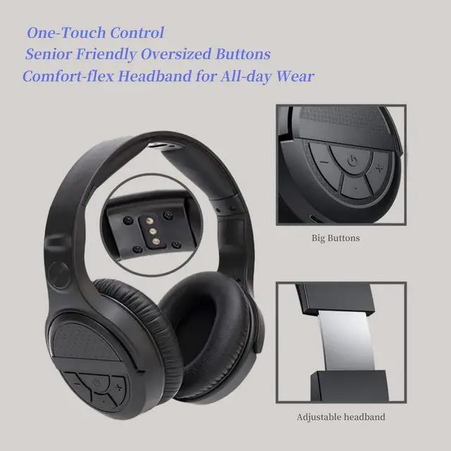 Alt view image 4 of 6 - Wireless TV Headphones for Seniors with Large Buttons, 15H Playtime & 0 Delay, 2.4GHz RF Transmitter Charging Dock, Bluetooth Over-Ear Headset, Fits Most TVs, Digital Optical(TOSLINK)/RCA/3.5mm Output