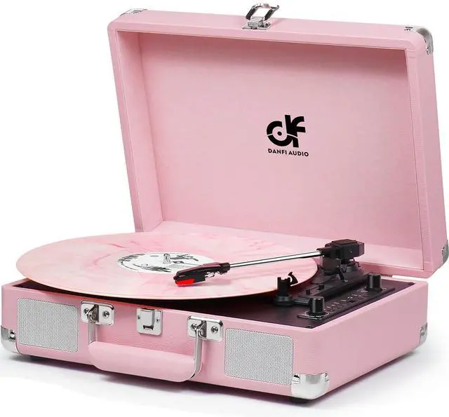 Main image of Vintage Pink Suitcase Record Player - 3-Speed Turntable with Bluetooth, USB Recording, MP3 Converter, Speakers, Stylus
