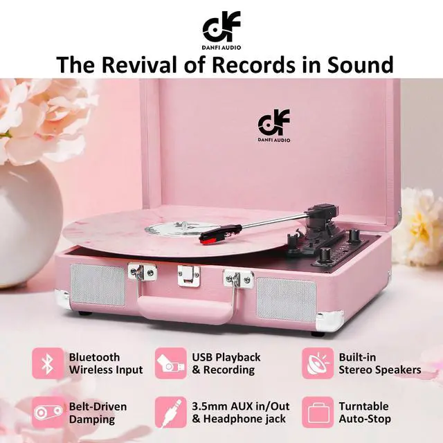 Alt view image 2 of 6 - Vintage Pink Suitcase Record Player - 3-Speed Turntable with Bluetooth, USB Recording, MP3 Converter, Speakers, Stylus