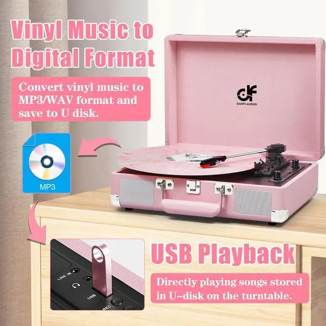 Alt view image 4 of 6 - Vintage Pink Suitcase Record Player - 3-Speed Turntable with Bluetooth, USB Recording, MP3 Converter, Speakers, Stylus