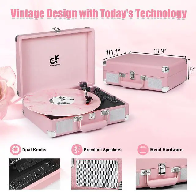 Alt view image 5 of 6 - Vintage Pink Suitcase Record Player - 3-Speed Turntable with Bluetooth, USB Recording, MP3 Converter, Speakers, Stylus
