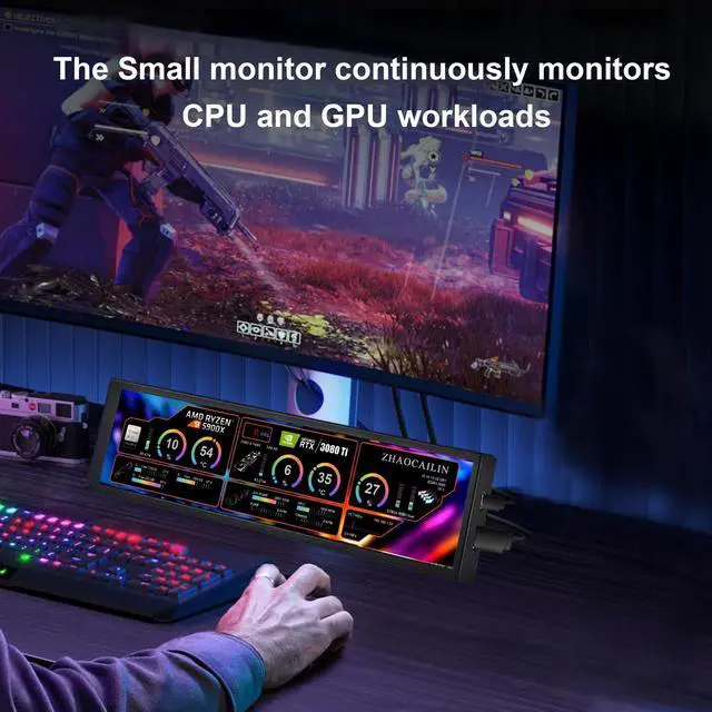 Alt view image 5 of 6 - 8.8 Inch Mini Minitor - FHD IPS 1920x480 LCD Display, Computer Secondary Screen, CPU GPU Temp Monitors with Casing for Windows macOS Aida64 Monitor