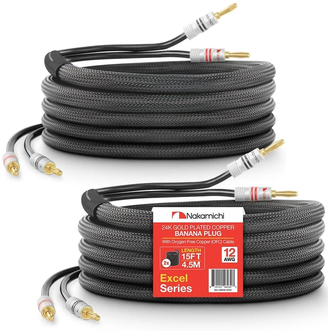 Main image of Excel Series 24k Gold Plated Banana Plug with (15 Feet) Speaker Cable Wire 99.9% Oxygen-Free Copper (OFC) Heavy Duty Braided in-Wall CL2 Rated - Black (12AWG / 15ft / 4.5m) 2-Pack