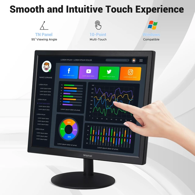 Alt view image 3 of 4 - 17" Square 1280x1024 10-Point Multi Touch Screen Monitor with HDMI, VGA, Type B Ports, 75Hz, 5:4 Aspect Ratio, VESA Wall Mountable, PC Touch Monitor for PC POS Machine Windows