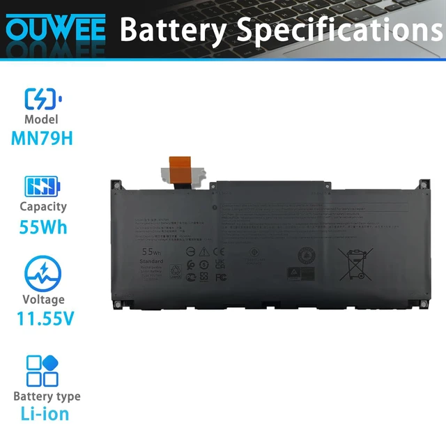 Alt view image 2 of 4 - MN79H Laptop Battery Compatible with Dell XPS 9320 XPS 13 Plus 9320 XPS 13 9340 9345 Series XPS9320-7523BLK-PUS XPS9320-7585SLV-PUS J7H5M 0J7H5M NXRKW 0NXRKW 55Wh 4524mAh 11.55V