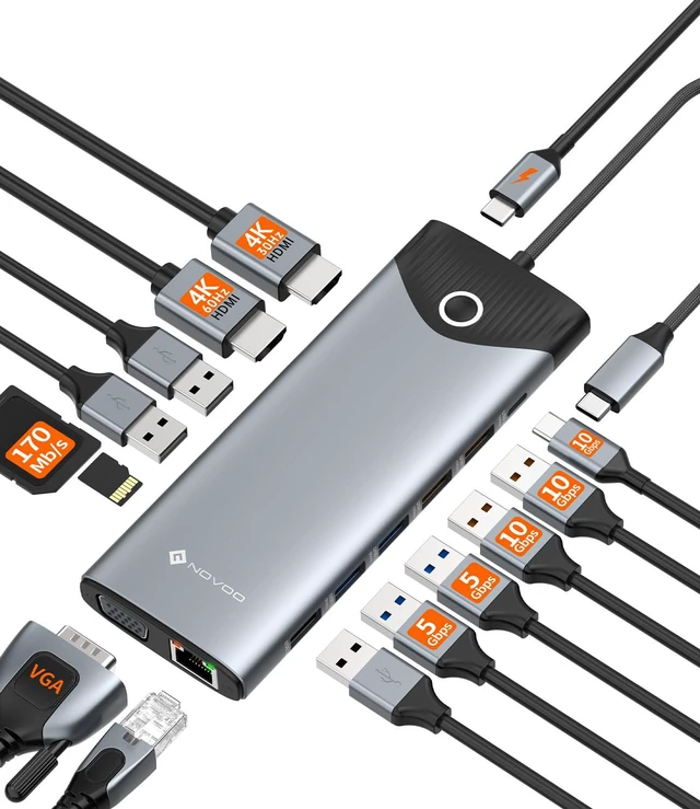 Main image of 10Gbps USB-C Docking Station, 15-in-1 Dual/Triple 4K 60Hz HDMI & VGA, 100W PD Charging, 7USB-A+1USB-C, Gigabit Ethernet, SD/TF, Audio, Multiport Dock for MacBook HP Dell Lenovo Surface