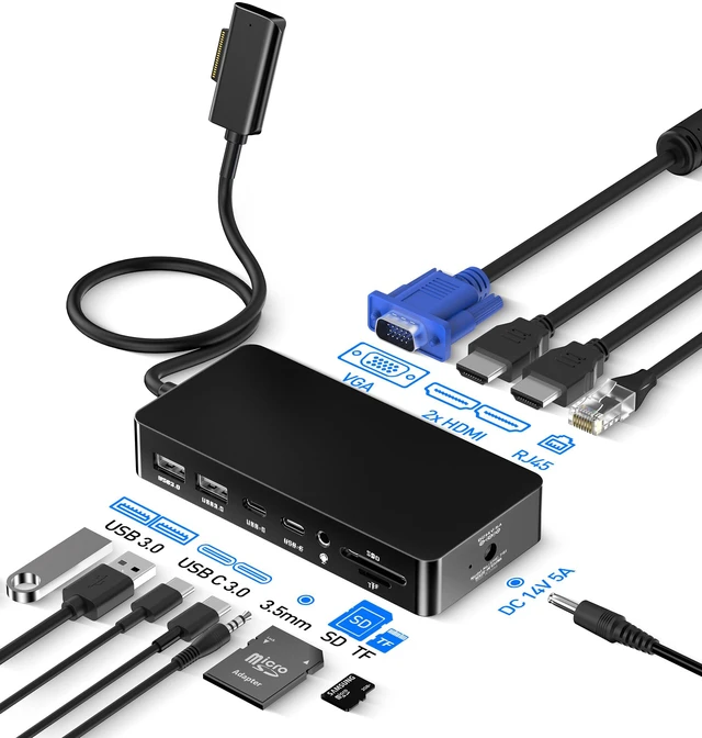 Main image of MS Surface Pro Docking Station - Triple Display 4K@60Hz Dual HDMI + VGA, 11-in-1 Surface Dock with 2X USB-C, 2X USB 3.0, Ethernet, SD/TF Reader, 3.5mm Jack for Surface Pro 11/10/9, Laptop, Book, Go