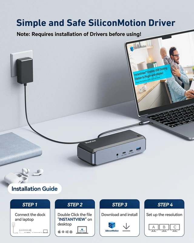 Alt view image 3 of 4 - Triple Monitor USB C Docking Station - MacBook Pro Docking Station with Power Adapter for MacBook M1/M2/M3/Windows, HDMI*3, RJ45, 10Gbps USB*5, PD, USB 3.0 * 2