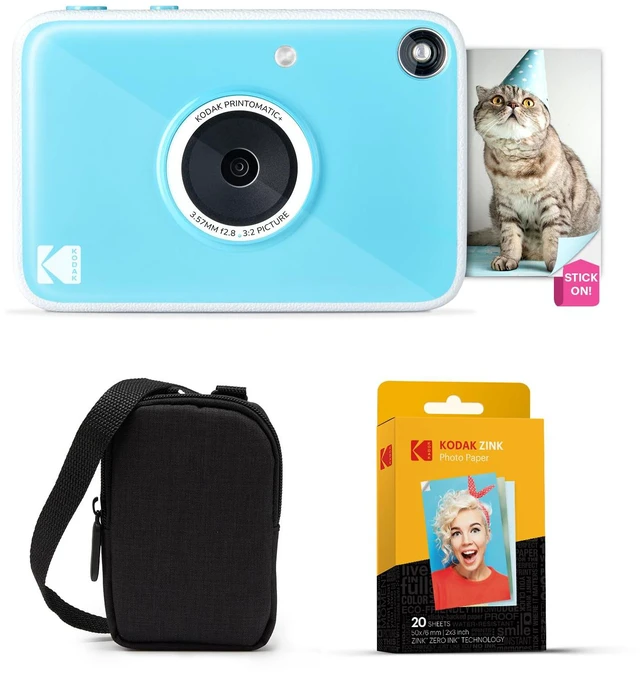 Main image of Printomatic+ Instant Print Digital Camera Starter Bundle + Carrying Case + Zink 20pk Sticky-Back Photo Paper - 10MP, Full-Color Photos, GB LED Status Indicator - Blue